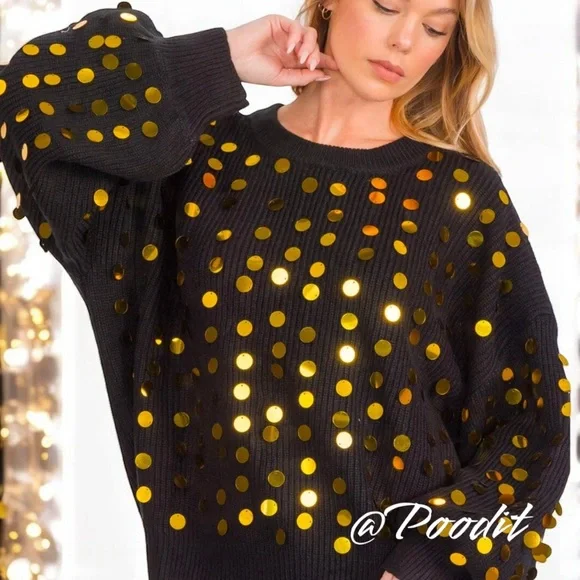 PEACH LOVE CALIFORNIA Black shaker knit gold accent sweater S M L - Picture 4 of 9